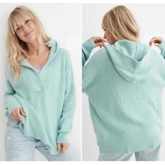 Aerie CozyUp Waffle Sweater Hoodie In Mint- Women's Medium - Picture 1 of 11